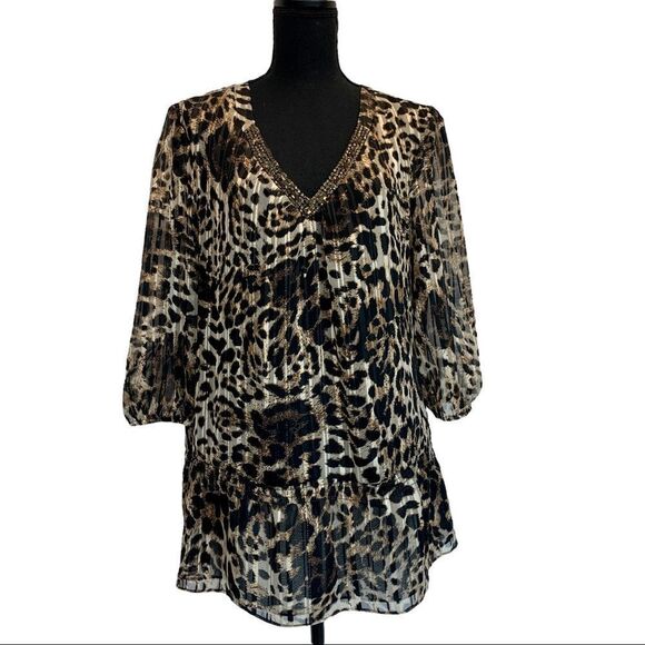 Laura Tops - Laura Petites Leopard animal print chiffon sheer transparent beaded blouse Sz XL